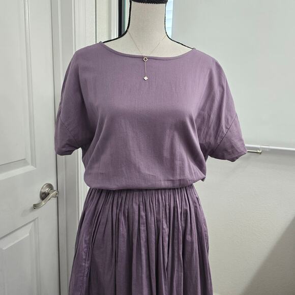 Urban Research DOORS Purple Cotton Midi Dress M Gathered Waist Japan Minimalist - Picture 4 of 13